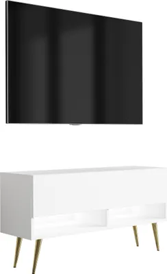 Produktbild von TV-Lowboard 100 cm Mattweiß, goldene schräge Beine, weiße LED, 100 × 32 × 52 cm