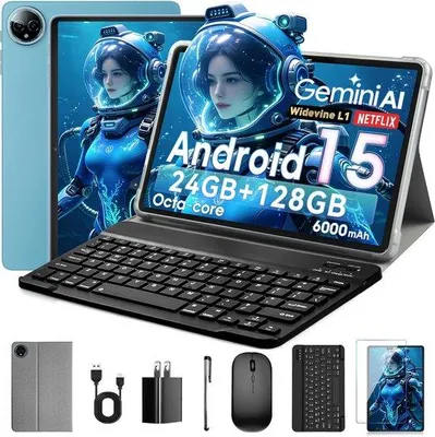 Obrázek produktu pro 10palcový tablet s Androidem 15, 24 GB RAM, 128 GB ROM (rozšiřitelné na 1 TB), osmijádrový procesor, HD IPS dotykový displej, duální fotoaparát, baterie 6000 mAh, klávesnice a