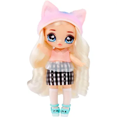 A doll with blonde hair, wearing a pink cat-ear hat, a pink top, a black and white checkered skirt, white socks, and teal shoes.
