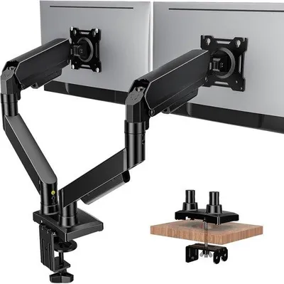 Obrázek produktu pro Držák monitoru s dvojitou plynovou pružinou, nastavitelné rameno monitoru pro stůl (17-32 palců), standard VESA 75/100 mm, C-svorka, pro monitory do 9 kg, ergonomický, černý