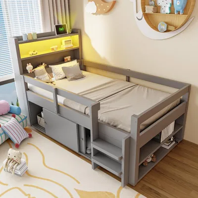 Image de Lit en bois 90x200 cm avec éclairage LED, ports de chargement USB, étagères et espaces de rangement, lit simple avec armoires coulissantes, lit multifonction pour enfant, couleur gris