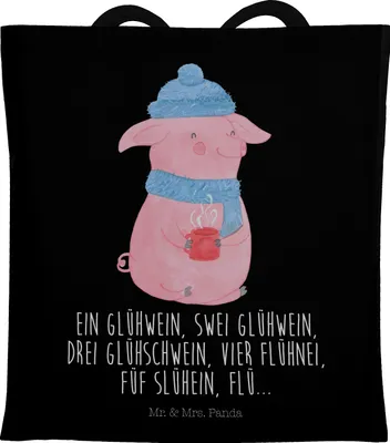Produktbild von Mr. & Mrs. Panda Tote Bag Schweinchen Glühwein - Schwarz - Geschenk, Jutebeutel, Beutel, Laptoptasche, Weihnachtsmarkt, Tasche, Spruch, Uni, Weihnachten, Betrunken