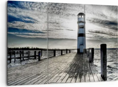 Produktbild von Bild auf Leinwand - Leinwandbild - See Leuchtturm Holzbrücke Wasser - 105x70cm - Wand Bild - Wanddeko - Leinwanddruck - Bilder - Kunstdruck - Leinwand bilder - Wandkunst - CE105x70-0330