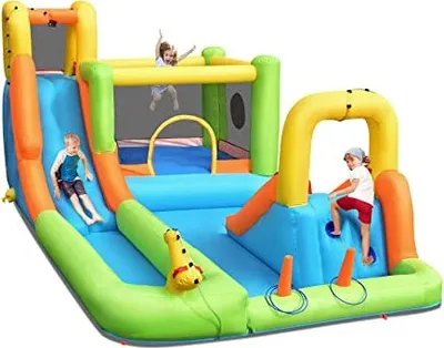 Produktbild von GOPLUS Aufblasbare Hüpfburg, Wasserrutsche mit 2 Planschbecken, 2 Rutschen, Kletterwand, Wasserkanone, Basketballkorb, Wurfspiel & Zielbällen (Ohne Gebläse)