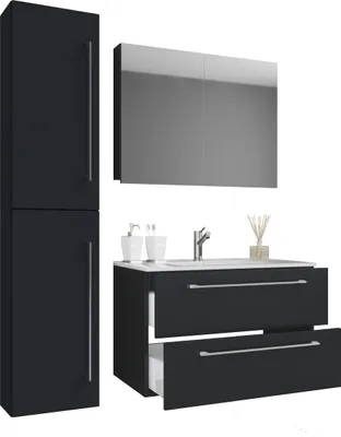 Immagine prodotto di 4 parti lavabo lavabo | gabinetto lavabo larghezza 80 cm | set mobili bagno con cassetti porta girevole armadietto a specchio | Badinos