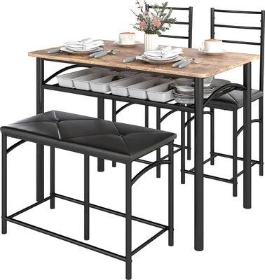 Image de ensemble de salle à manger 4 pièces, table de salle à manger avec 2 chaises, banc, ensemble de salle à manger peu encombrant, ensemble de table de salle à manger pour petits espaces, cuisine, salle à manger, brun Aosom