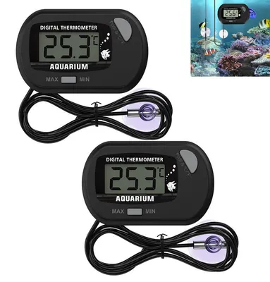 Produktbild von 2er Set Aquarium Thermometer LCD – mit Sonde & Saugnapf, -50–+70°C, °C/°F umschaltbar – Für Reptilien, Inkubator, Gewächshaus