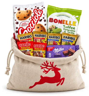 Produktbild von Weihnachtsgeschenk Süßigkeiten-Set „Schokoladenharmonie“ mit Haribo, Milka, Pavesi & Fida – Nikolausgeschenk im Rentierbeutel
