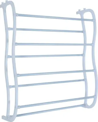 A white shoe rack with multiple tiers.