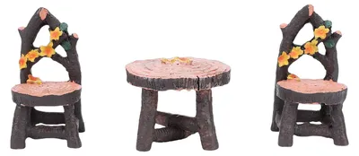 Obrázok produktu pre Miniatúrny stolík a 2 stoličky, sada imitujúceho dreveného nábytku z živice, vhodná na dekoráciu záhrad, terás, interiérov a modelárstva