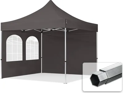 A dark gray pop-up gazebo with two arched windows, shown from a diagonal front-left perspective. A close-up inset shows the hexagonal aluminum pole structure.
