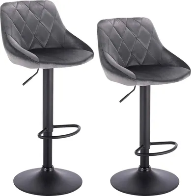 Productafbeelding van Design barkruk Zino – Met rugleuning – Fluweel – Ergonomisch – Grijs – In hoogte verstelbaar – Set van 2 – Geschikt voor keuken en bar – Zit hoogte 60-82 cm