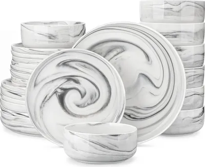 Image de MALACASA, 24 pcs. vaisselle en porcelaine service combiné service de table avec 8 assiettes à manger, 8 assiettes à dessert, 8 bols, gris marbre