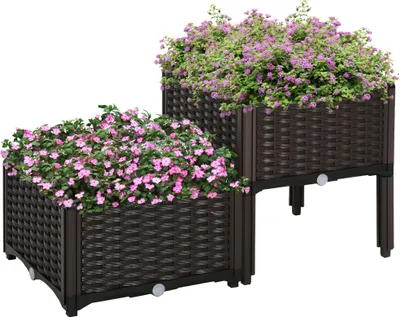 Produktbild von Hochbeet, Pflanzkasten mit Abflusslöchern, Blumenkasten im Rattan-Look, Kunststoff, Braun, 40 x 40 x 44 cm