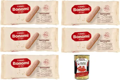 Produktbild von Forno Bonomi, italienische Löffelbiskuits, Savoiardi, Ladyfingers, für Tiramisu, biscuits cookies kekse 5x 200g + Italian Gourmet polpa 400g