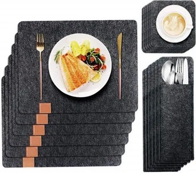 Produktbild von 6-Teiliges Set aus Filz Tischuntersetzer tischsets platzsets mit Bestecktasche abwaschbar Filzmatte