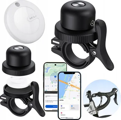 A collage of product images showing a bicycle bell with tracking capabilities, a separate tracking device, and screenshots of a mobile app, along with a close-up of the bell attached to a bicycle handlebar.