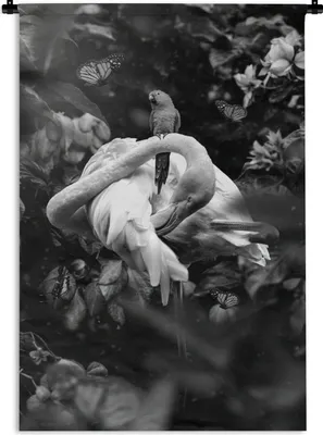 Produktbild von MuchoWow® Wandteppich Wandbehang Flamingo und ein Vogel im Dschungel - schwarz und weiß 90x135 cm Tapisserie Dekoration Wandtuch - Baumwolle - Wandskulptur