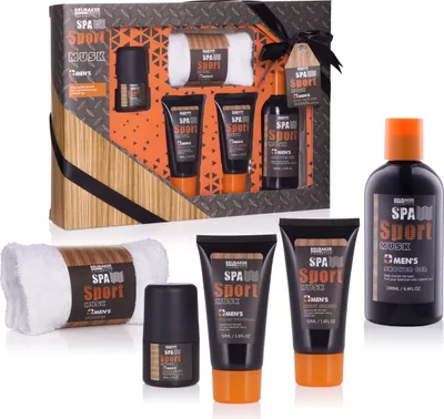 Productafbeelding van BRUBAKER Cosmetics Spa Sport Musk, verzorgingsset voor mannen, bestaande uit: douchegel, deodorant, bodylotion en washandje, verpakt in een cadeauverpakking