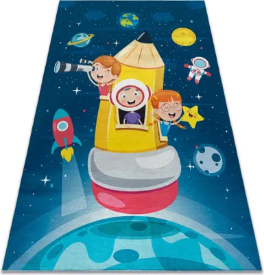 Produktbild von BAMBINO 42810 Waschteppich Rakete, Planeten für Kinder Anti-Rutsch - blau / braun  Blau 160x220 cm