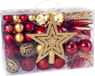 Produktbild von 102er Set Weihnachtskugeln Rot und Gold, Christbaumkugeln Kunststoff Set, Weihnachtsbaumkugeln mit Baumkronensterne für Weihnachts Dekoration