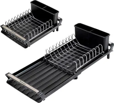 Produktbild von Unyqoos® Ausziehbares Abtropfgestell mit Ablauffunktion und kompakter Besteckhalter, verstellbar 28–47 cm, platzsparend, Schwarz