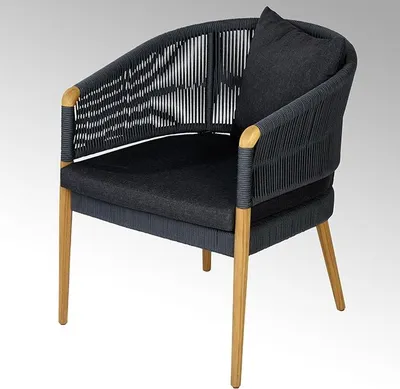 Produktbild von Lambert Borkum Gartensstuhl "Fish Net Rope"  geflochten, schiefer Armlehnen gerade gewebt Stahlrohr schwarz pulverbeschichtet mit Teakholz H 81 cm D63 x 72 cm, SH 42 cm 50383