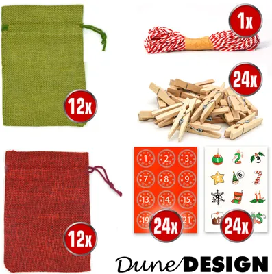 Productafbeelding van Adventskalender met 24 linnen zakjes, afmetingen 13 x 9 cm, rood en groen