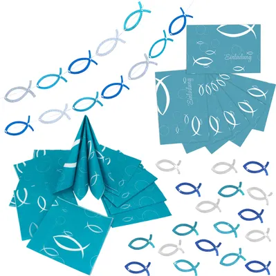 Produktbild von Oblique Unique Deko Set für Taufe Kommunion Konfirmation Junge - Fisch Girlande + Konfetti + Einladungen + Servietten