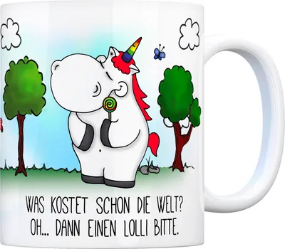 Produktbild von Honeycorns Kaffeebecher mit Einhorn Motiv und Spruch: Was kostet schon die