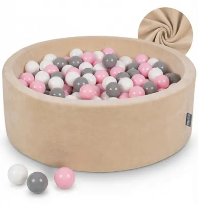 Produktbild von KiddyMoon Rund Bällebad Velvet Bällepool 90X30cm/200 Bälle ∅ 7Cm Ballgruben Für Babys Spielbad Kleinkinder, Hergestellt In EU, Sandbeige: Weiß/Grau/Puderrosa