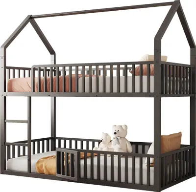 Produktbild von Kinder-Etagenbett 90*200 cm, Metall-Doppelbett, Etagenbett mit Treppe, Loft-Design, Unteres Bett mit kleiner Tür zum Öffnen und Schließen