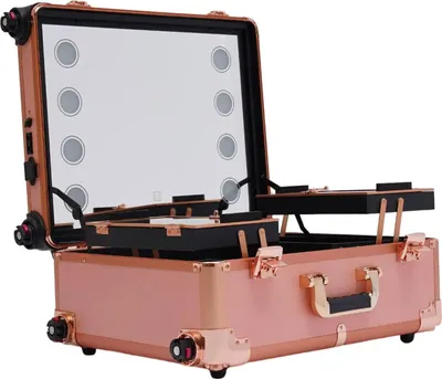 Immagine prodotto di Valigetta per trucchi - Valigetta per cosmetici - Specchio LED - Regolabile in altezza - Ampio spazio di stoccaggio - Ruote - Per truccatori - Oro rosa