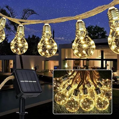 Image de Guirlande lumineuse solaire sans fil de 7,5 mètres avec 16 ampoules LED blanc chaud, étanche pour l'extérieur, avec 8 modes d'éclairage, pour le jardin, le balcon et les fêtes