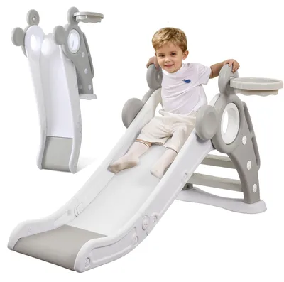 Immagine prodotto di Scivolo per bambini con canestro da basket, pieghevole, per uso interno ed esterno, adatto a bambini di 2-3 anni, ideale per il giardino, colore grigio