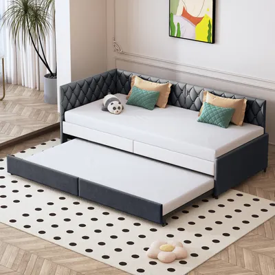Produktbild von ProximaX Polsterbett 90 x 200 cm, Funktionsbett, Kinderbett, Tagesbett, ausziehbares Schlafsofa mit 1 Ausziehbett, für das Wohnzimmer, aus Samtstoff (Grau)
