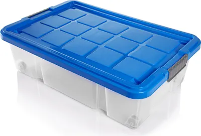 Produktbild von BigDean 4x Unterbettkommode Aufbewahrungsbox mit Deckel 25L azurblau 60x40x17,5cm - mit Rollen + Clipverschluss nestbar - Eurobox Aufbewahrungsbox