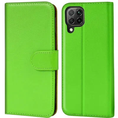 A green flip case for a smartphone is shown from the front and back.