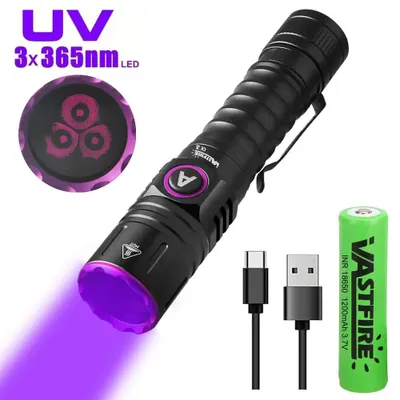 Image de Lampe de poche UV - Rechargeable par USB - 3 LED - 5 W - Aluminium - Violet