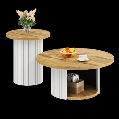 Immagine prodotto di Tavolino da caffè rotondo, doppio, in legno naturale, multifunzionale, design moderno