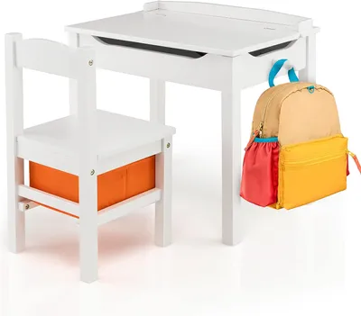 Produktbild von Kinderschreibtisch mit Stuhl, Schülerschreibtisch aus Holz, Jugendschreibtisch, Kindertisch, Kinder Schreibtisch für Kinder mit Stauraum & Aufbewahrungsbox (Weiß)