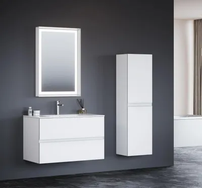 Image de Orka | Ensemble de Meubles de Salle de Bains - 90 Cm - Blanc - Avec Miroir Et Lavabo - Hygiénique Et Moderne - Fermeture Silencieuse