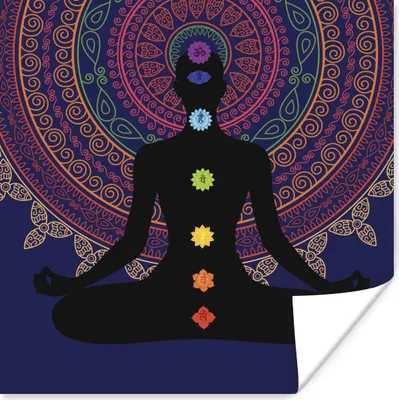 Produktbild von MuchoWow® Poster Dekorierter Hintergrund über einer Silhouette mit den sieben Chakren 30x30 cm - Wandposter - Printing