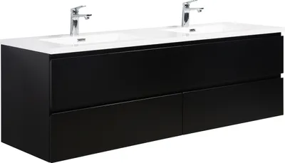Produktbild von Badplaats Badmöbel Set mit Waschbecken und Unterschrank Angela 160 x 48 cm Schwarz Matt - Waschbeckenunterschrank mit Soft-Close und Doppelwaschbecken, Vorgemontiert