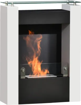 Image de HOMCOM Cheminée bioéthanol brûleur 1,5 L avec plateau de rangement en verre trempé, 3 h de durée de combustion, Dims. 60*20*79cm, Contrôle de Flamme et Crochet Inclus - Acier Noir et Blanc