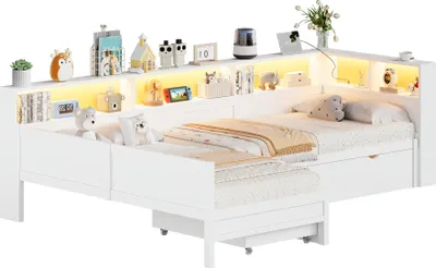 Produktbild von Merax Tagesbett zwei 90x200cm L-Form, Schlafsofa mit Ausziehbett, Schublade und LED, Ladestation, Holz-Plattformbett Daybett, Kinderbett, Weiß