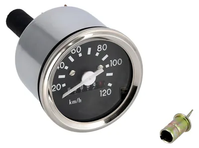 Produktbild von Tachometer Ø60mm bis 120km/h, Tachoring Chrom, mit Blinkkontrolle, 12V - für Simson S50, S51, S70, S53, S83