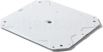 A white, square-shaped product with a central circular indentation and several smaller holes around the edges, set against a white background.