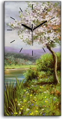 Produktbild von Wanduhr Bürouhr Leinwand Bild 30x60 Malerei Bäume Fluss Blumen Landschaft Natur - schwarze Hände