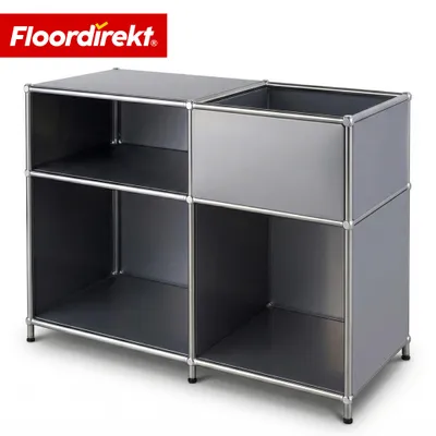 Produktbild von Floordirekt Concept Epure MK-030 Metallregal, B88×T40×H65 cm, Grau, Sideboard & Lowboard mit 3 Ablagen und Stauraumfach, verchromtes Metallgestell
